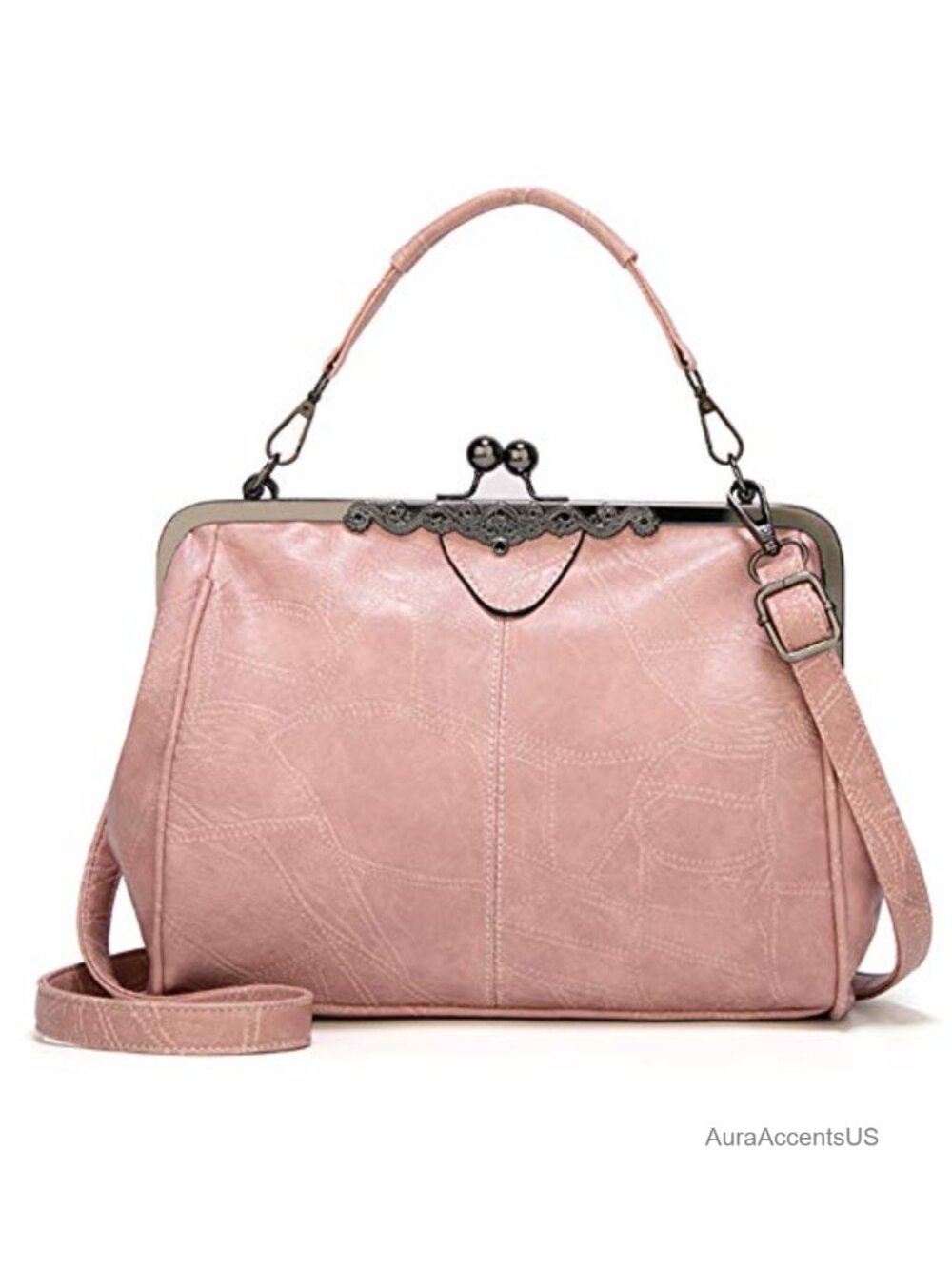 PU Leather Retro Kiss Lock Crossbody Satchel Tote Purse